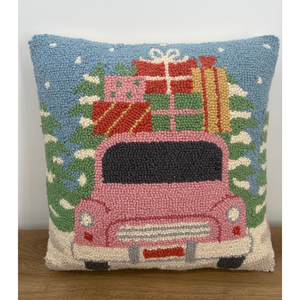 Peking Handicraft Pink Truck Christmas Hooked Pillow 100% Wool Holiday 16 x 16